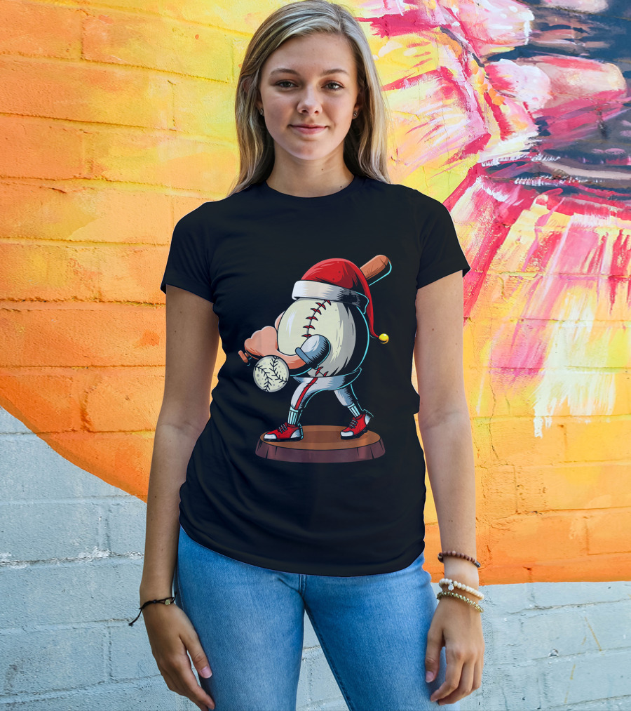 Christmas Baseball Batter Santa With Red Shoes And Bat T-Shirt