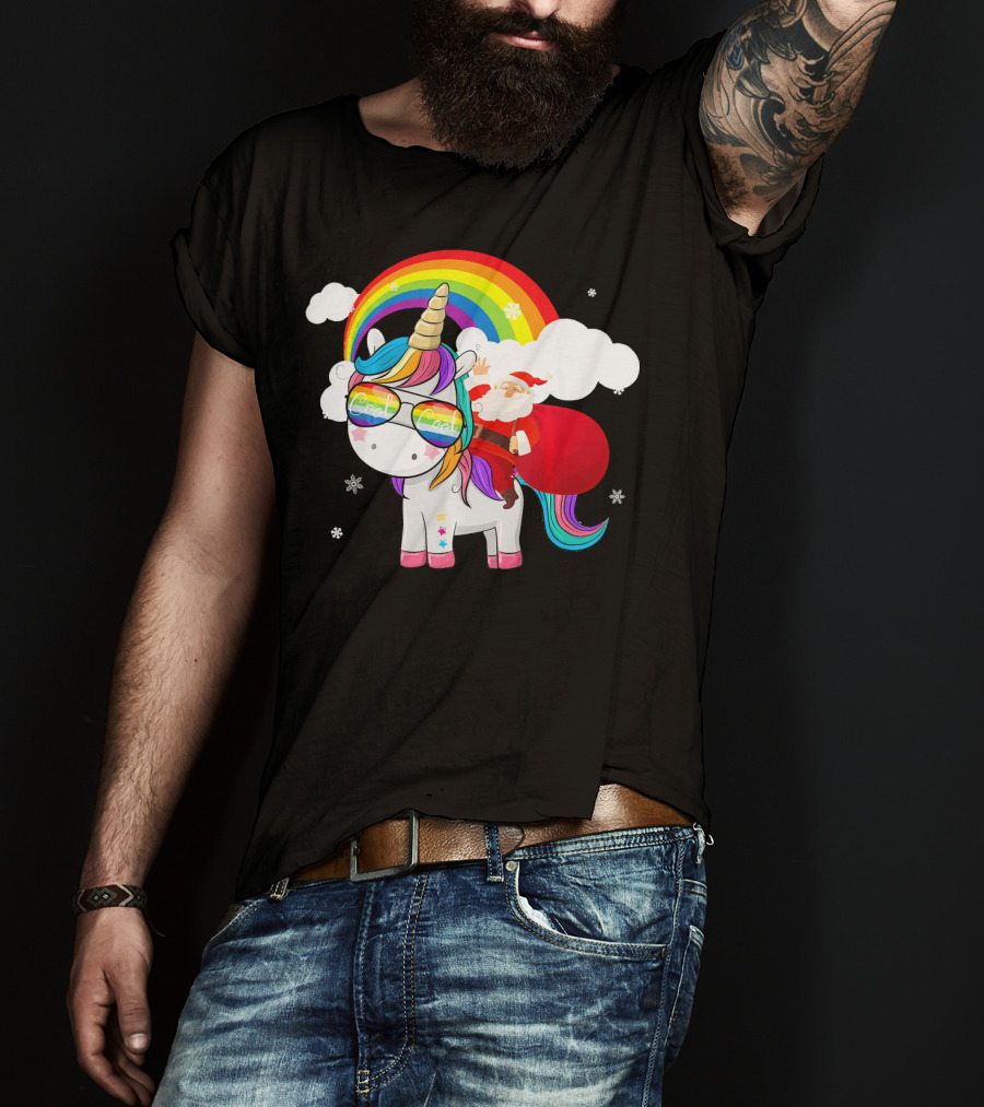Cool Santa Riding Unicorn Rainbow Christmas Cos T-Shirt