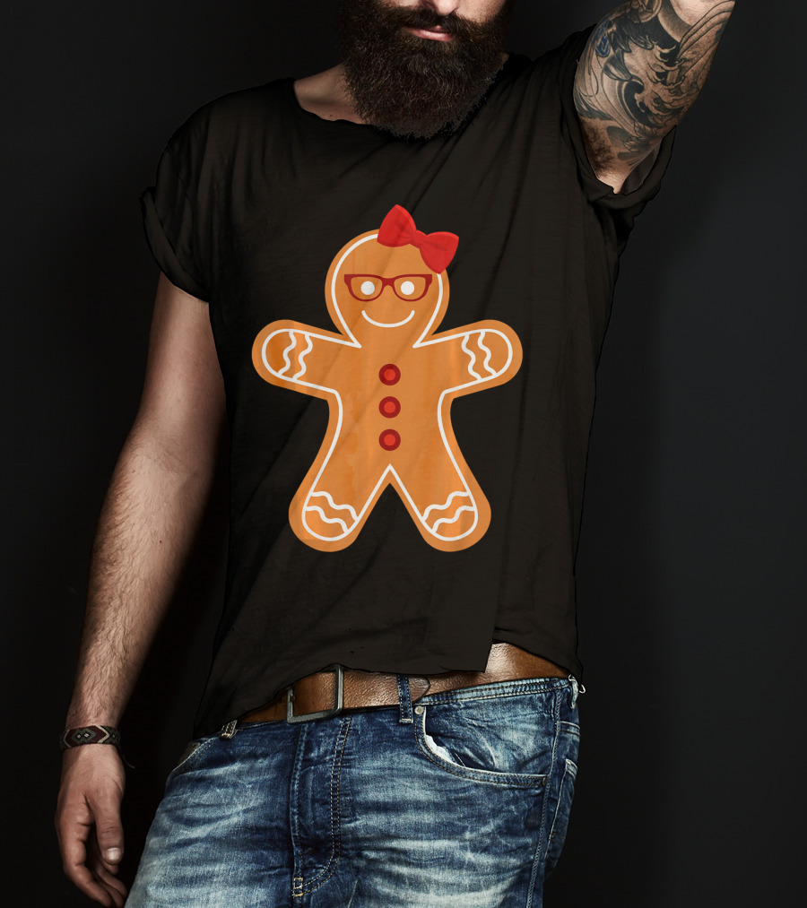 Gingerbread Girl Cookie With Glasses And Red Bow Christmas T-Shirt