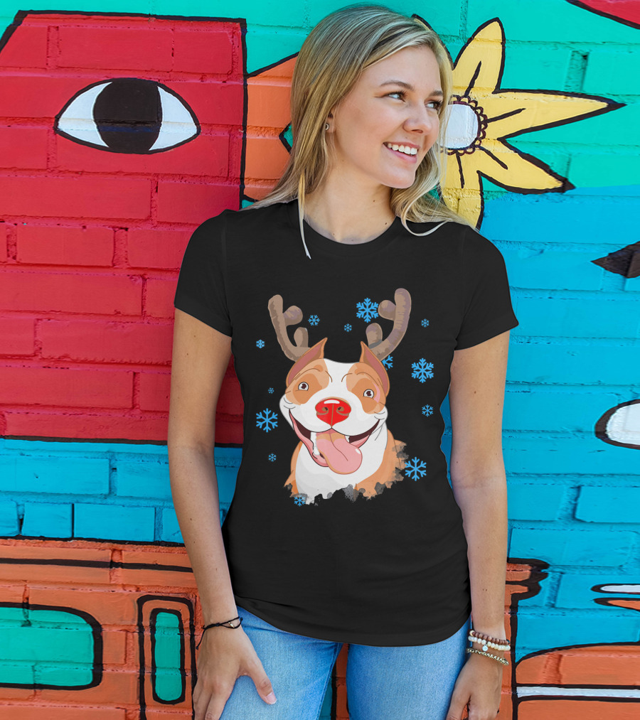 Funny Cutie Pit Bull Reindeer Antlers Snowflakes T-Shirt