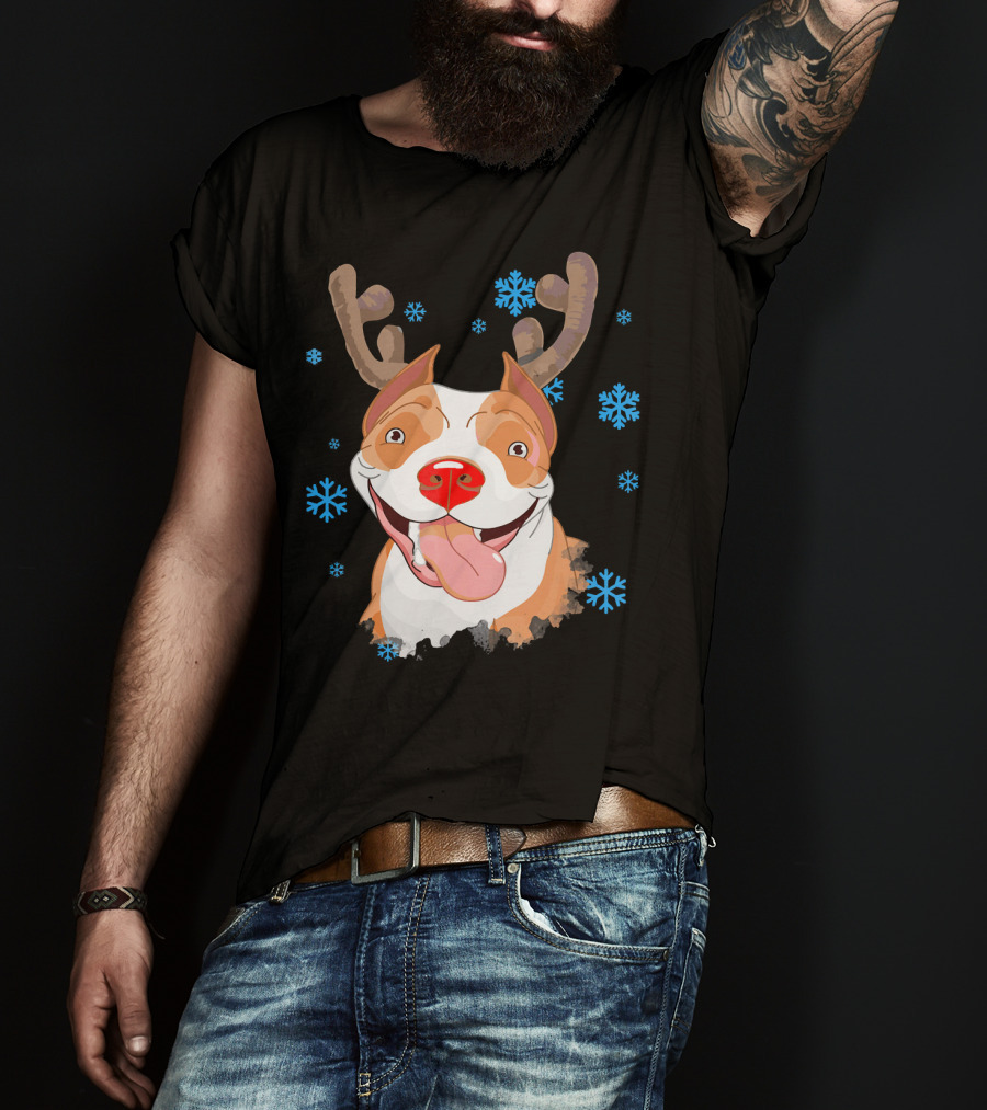 Funny Cutie Pit Bull Reindeer Antlers Snowflakes T-Shirt