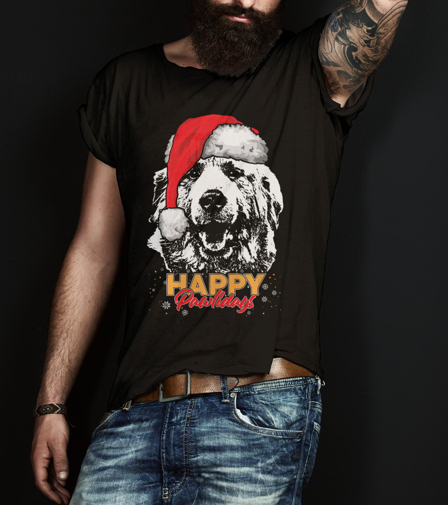 Happy Pawlidays Funny Christmas Great Pyrenees Santa Hat T-Shirt