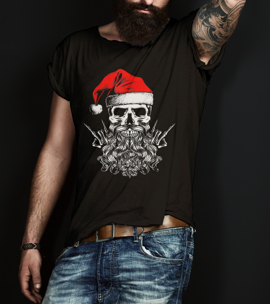 Hail Santa Heavy Metal Skull Red Santa Hat Skeleton Beard T-Shirt