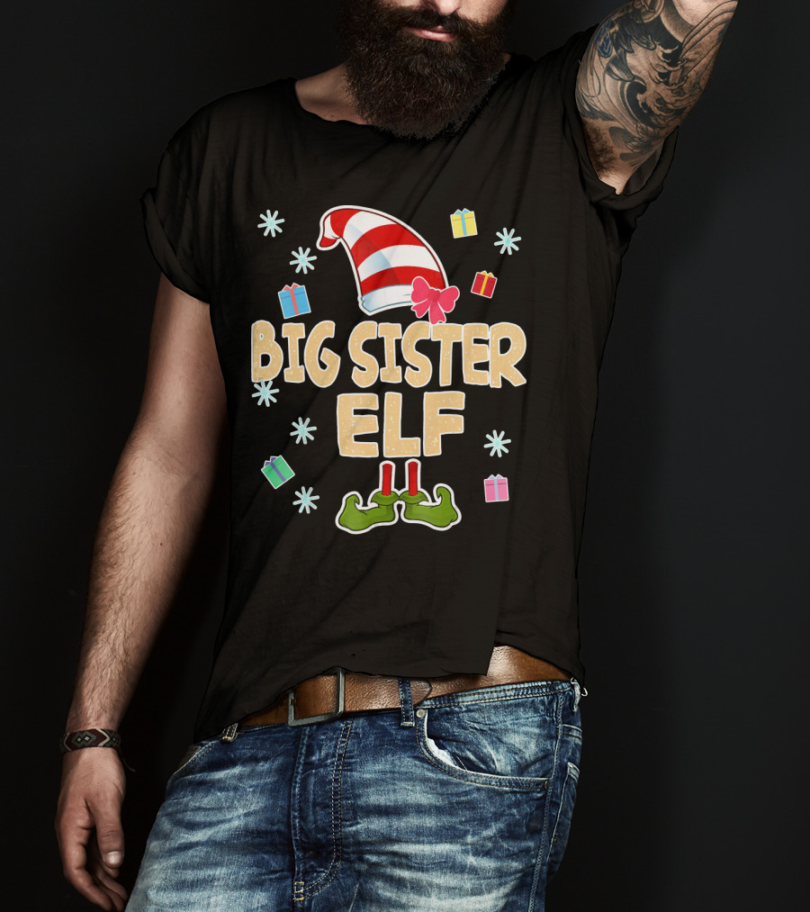Big Sister Elf With Striped Hat And Gifts T-Shirt