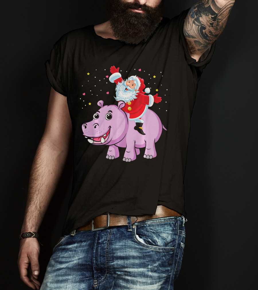 Santa Claus Riding A Happy Hippo Merry Christmas Stars T-Shirt