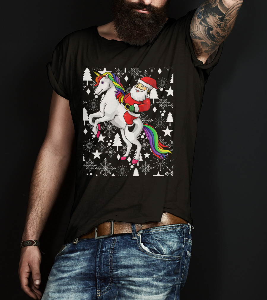 Santa Claus Riding A Unicorn Ugly Christmas Sweater With Stars And Snowflakes T-Shirt
