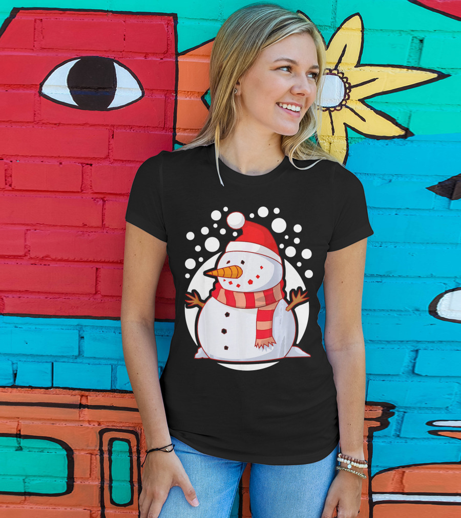 Winter Christmas Santa Snowman In Red Scarf And Hat T-Shirt