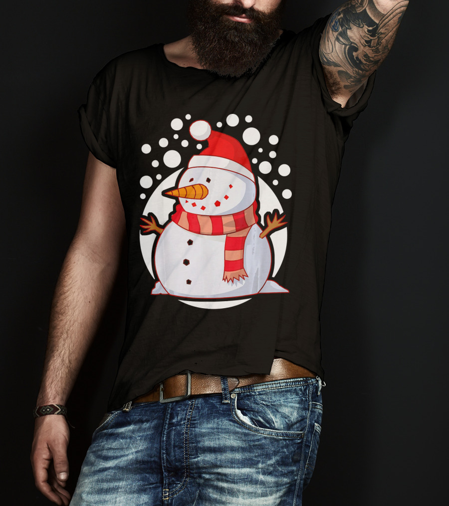 Winter Christmas Santa Snowman In Red Scarf And Hat T-Shirt