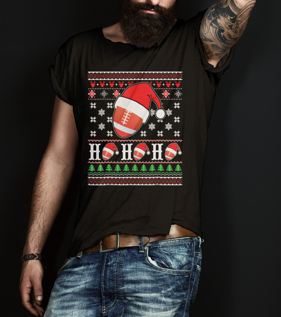 Ugly Christmas Football Santa Claus HO HO HO Holiday T-Shirt