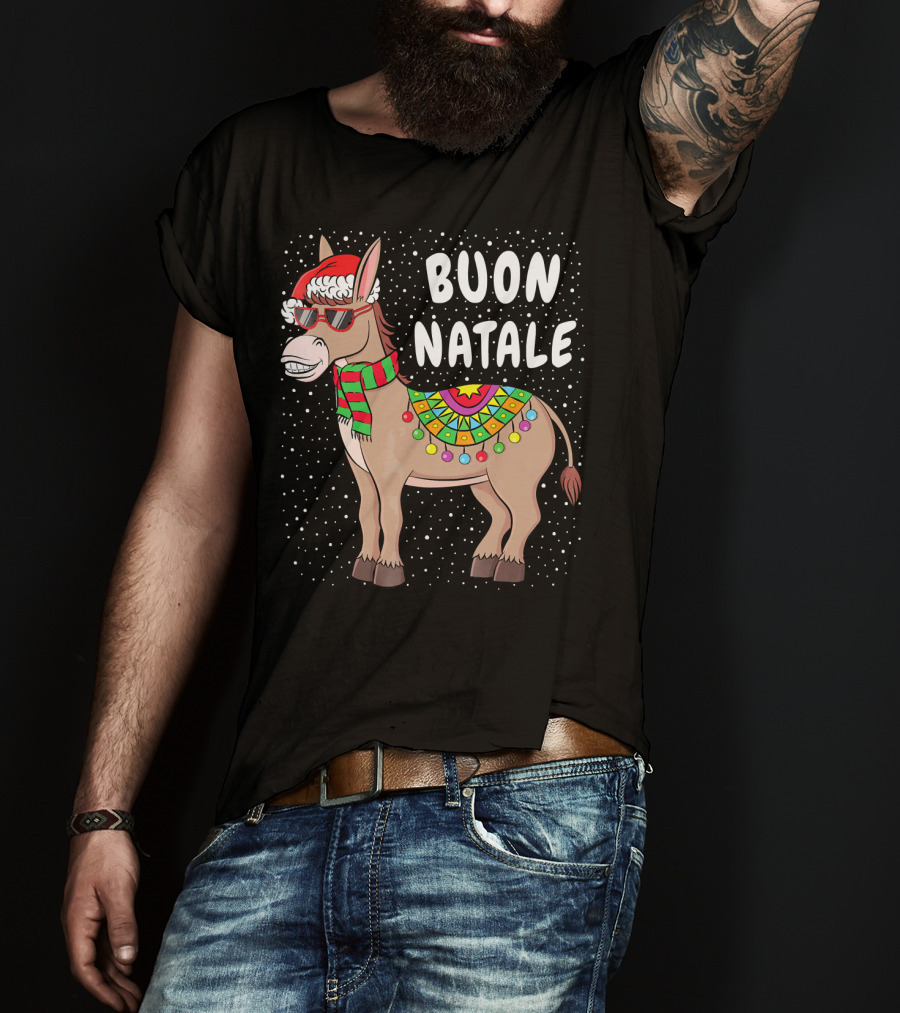 Buon Natale Christmas Donkey With Santa Hat And Colorful Lights T-Shirt