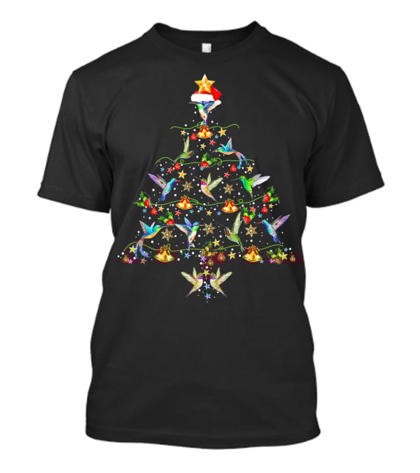 Hummingbirds Christmas Tree Star Santa Hat Festive Bells Holiday Decor T-Shirt