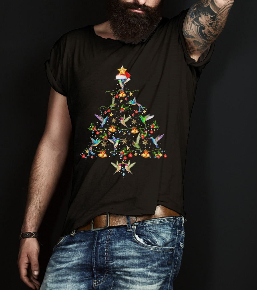 Hummingbirds Christmas Tree Star Santa Hat Festive Bells Holiday Decor T-Shirt