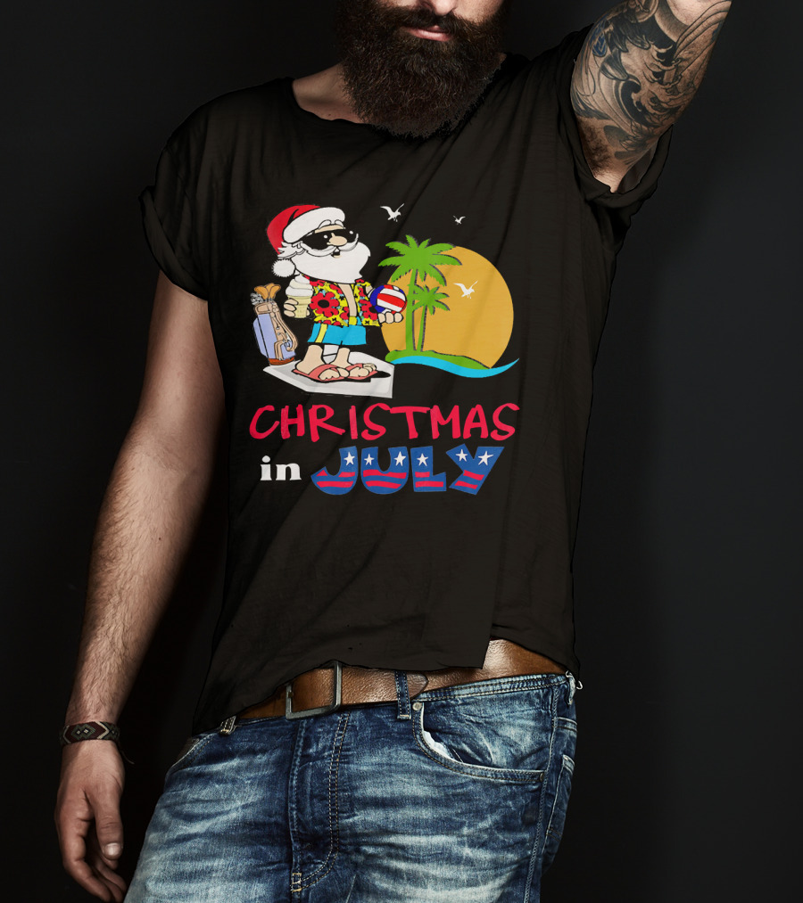 Christmas In July Funny Santa Summer Golf Sun And Palm Trees T-Shirt