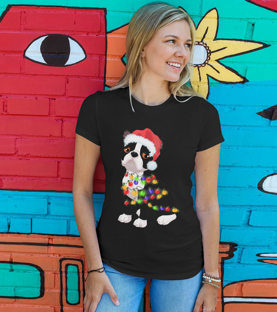 Boston Terrier Christmas Lights Santa Hat T-Shirt
