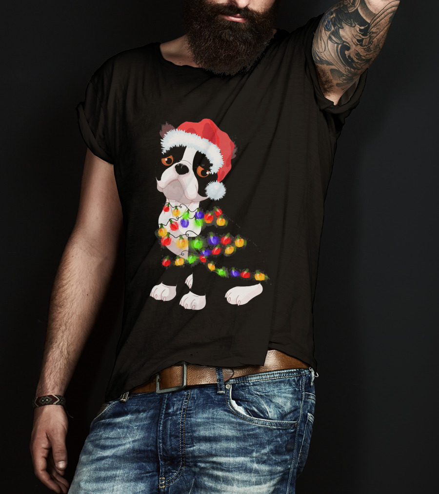 Boston Terrier Christmas Lights Santa Hat T-Shirt