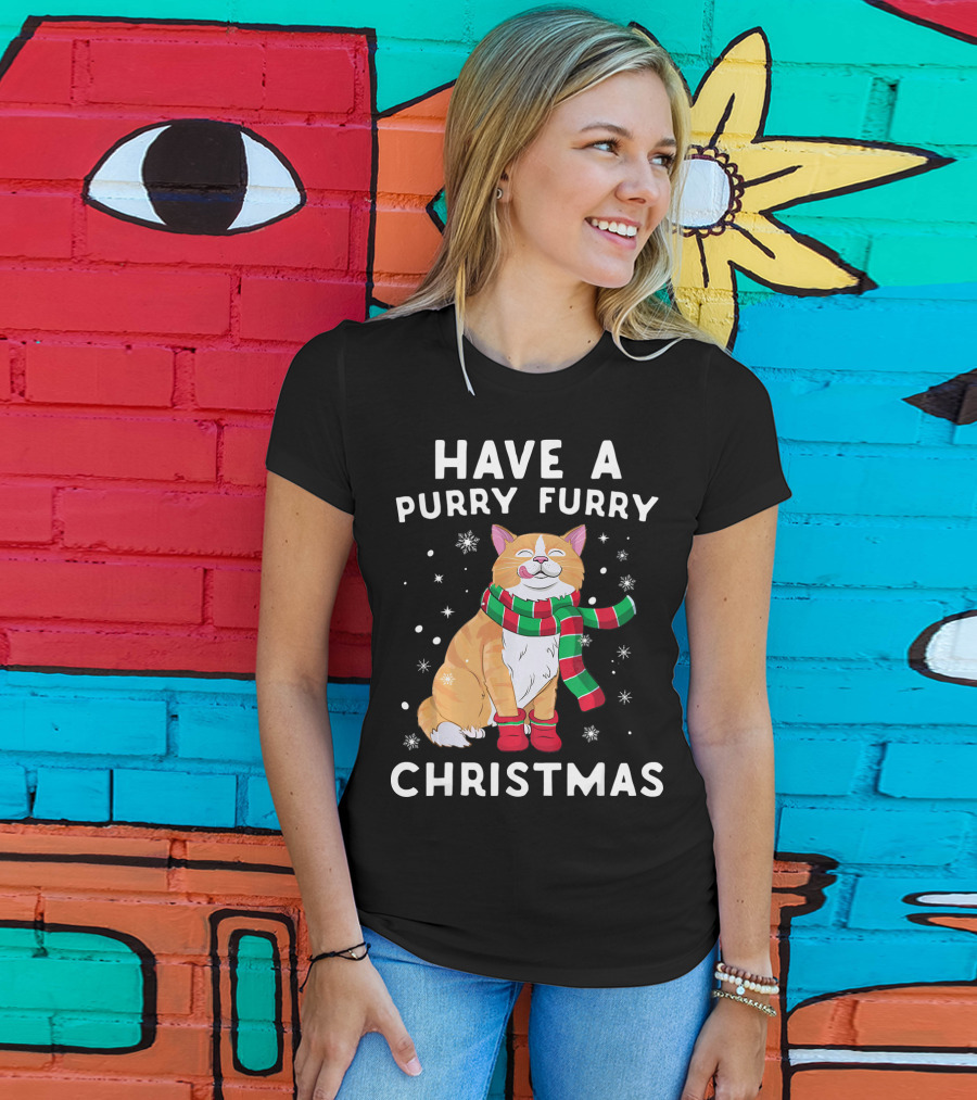 Have A Purry Furry Christmas Snowflakes And Cat With Scarf T-Shirt