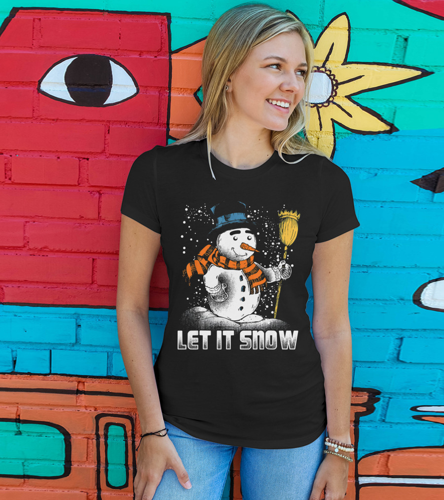 Let It Snow Snowman With Orange Scarf And Broom T-Shirt