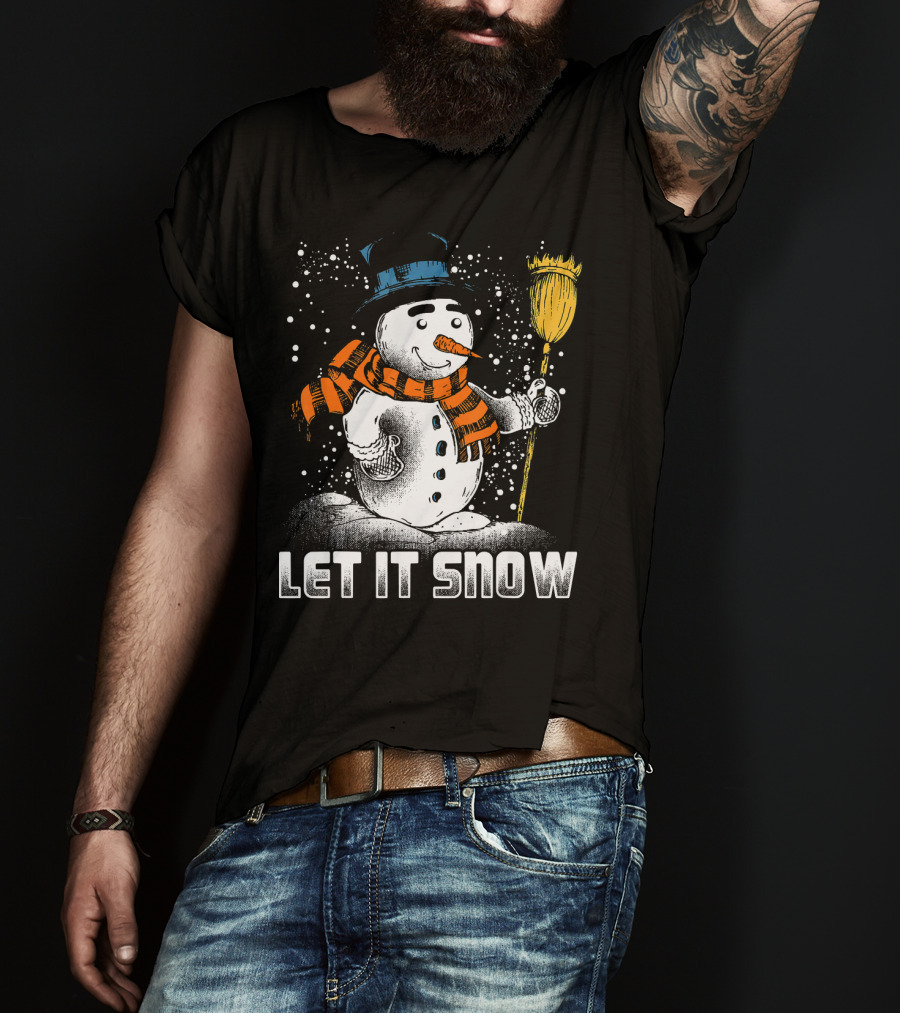 Let It Snow Snowman With Orange Scarf And Broom T-Shirt