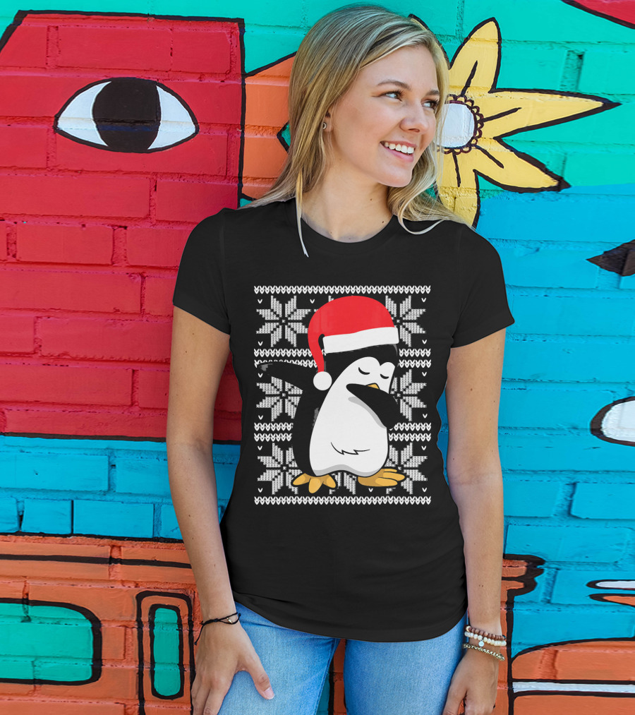 Ugly Christmas Dabbing Penguin Santa Hat Snowflake T-Shirt