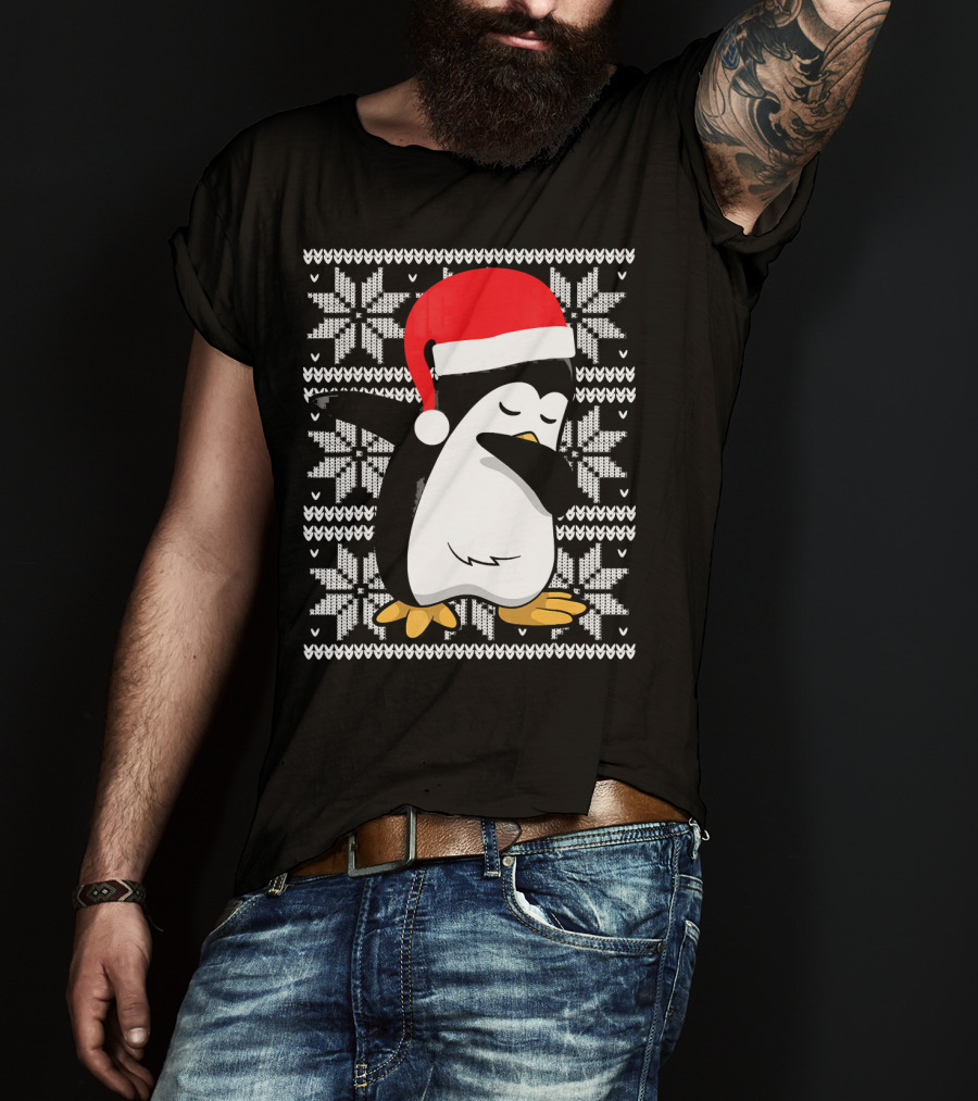 Ugly Christmas Dabbing Penguin Santa Hat Snowflake T-Shirt