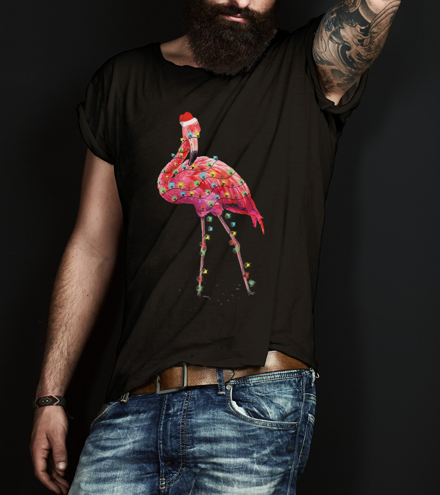 Cute Pink Flamingo Christmas Lights Santa Hat T-Shirt