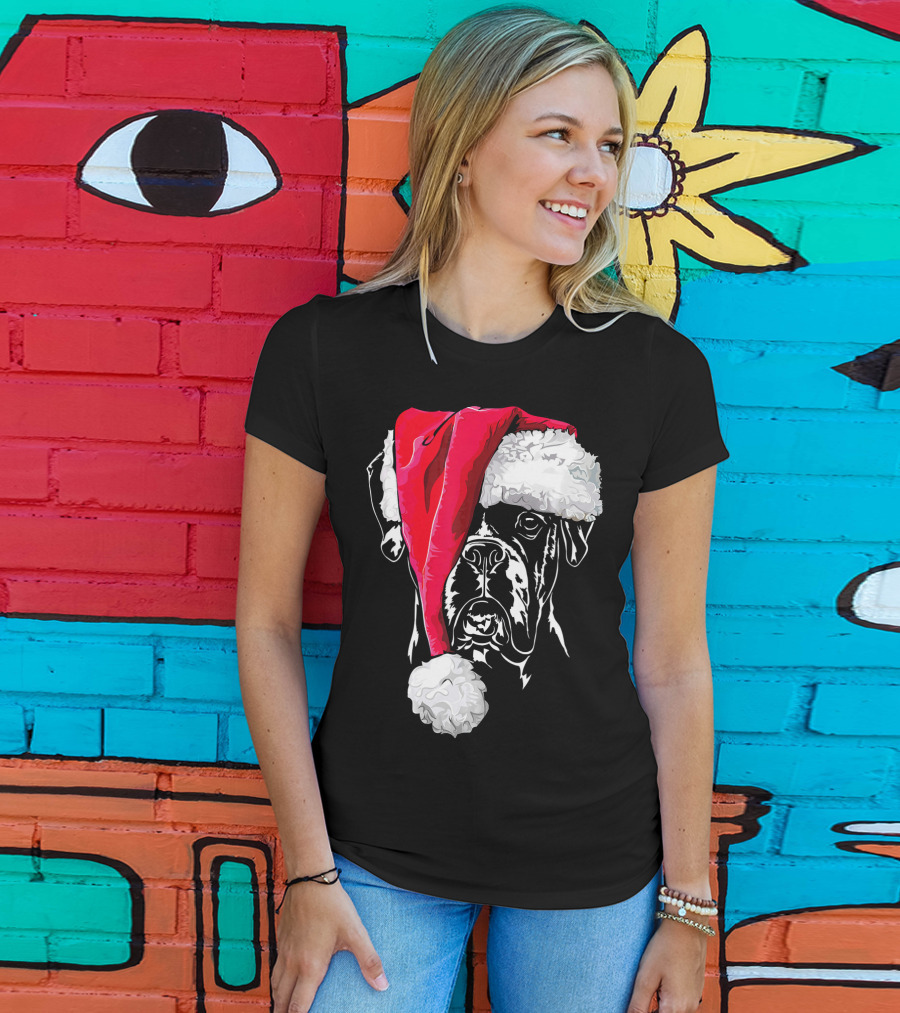 Funny Boxer Dog With Santa Hat Christmas T-Shirt