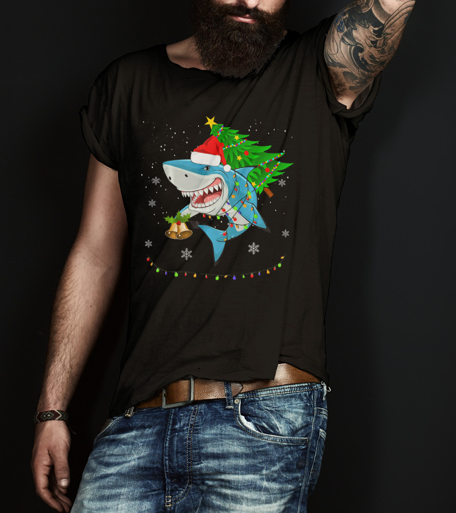Shark Christmas Tree Santa Hat Holiday Lights Snowflakes T-Shirt