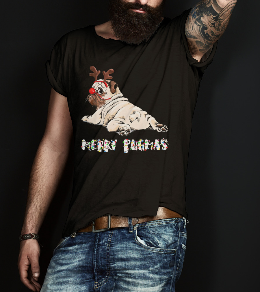 Merry Pugmas Christmas Reindeer Pug With Festive Lights For Dog Love T-Shirt