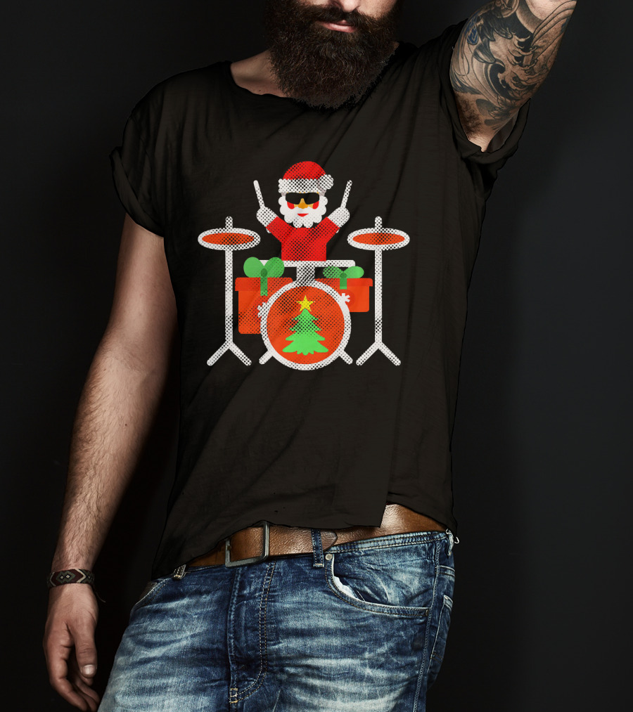 Funny Drummer Santa Christmas Drum Set With Gifts And Tree T-Shirt