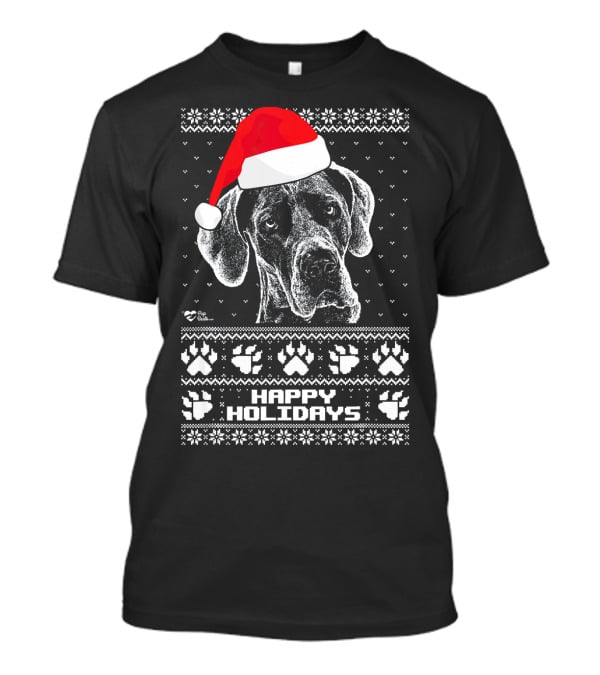 Great Dane Happy Holidays Santa Hat Paw Prints T-Shirt