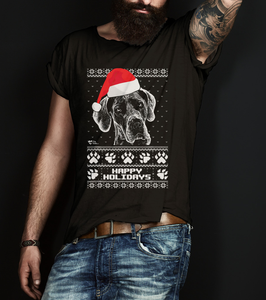 Great Dane Happy Holidays Santa Hat Paw Prints T-Shirt