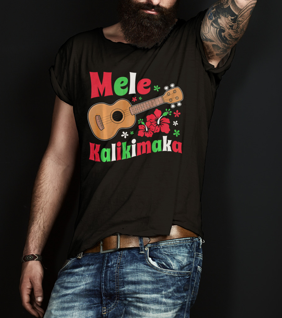 Mele Kalikimaka Ukulele Hibiscus Hawai Christmas T-Shirt