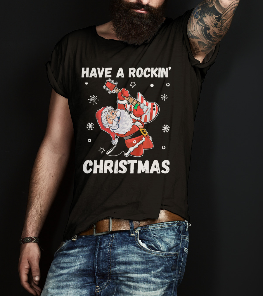 Have A Rockin' Christmas Guitarist Santa With Festive Snowflakes And Stars T-Shirt