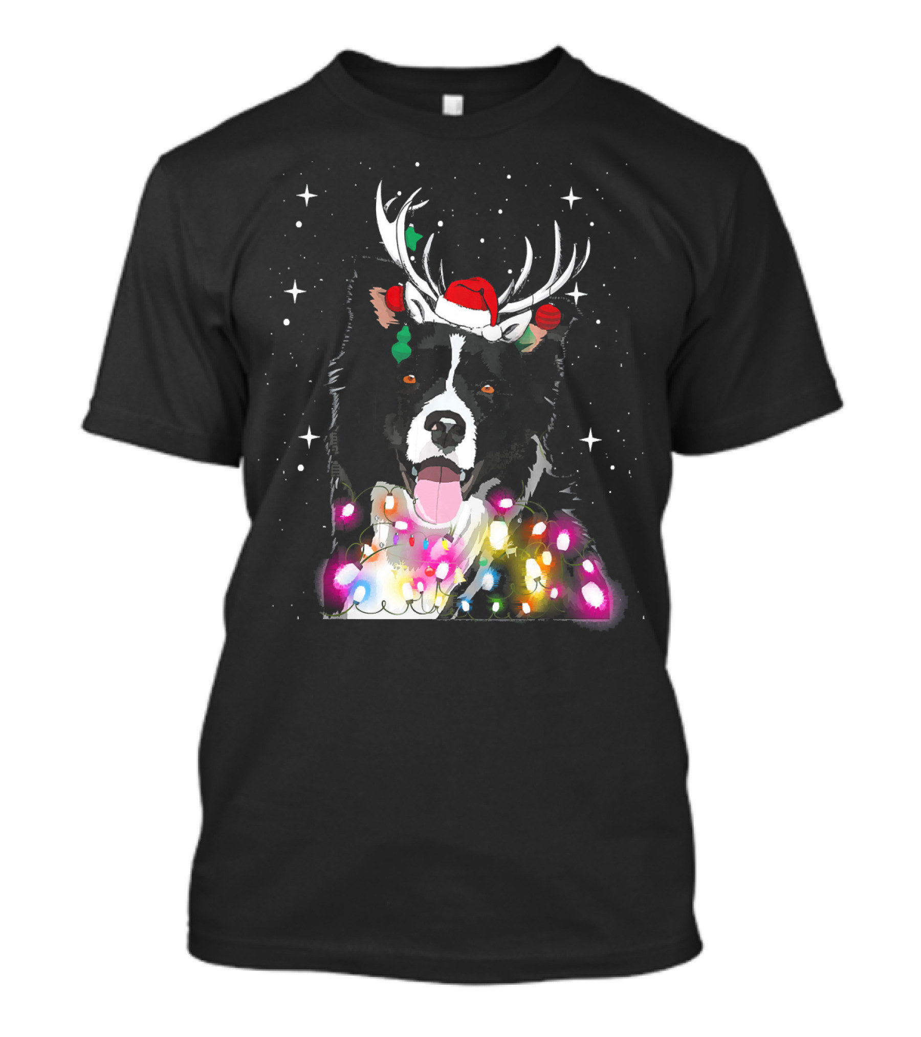 Border Collie In Santa Hat With Reindeer Antlers And Christmas Lights T-Shirt