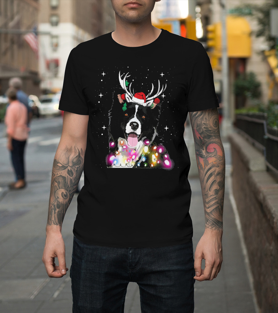 Border Collie In Santa Hat With Reindeer Antlers And Christmas Lights T-Shirt
