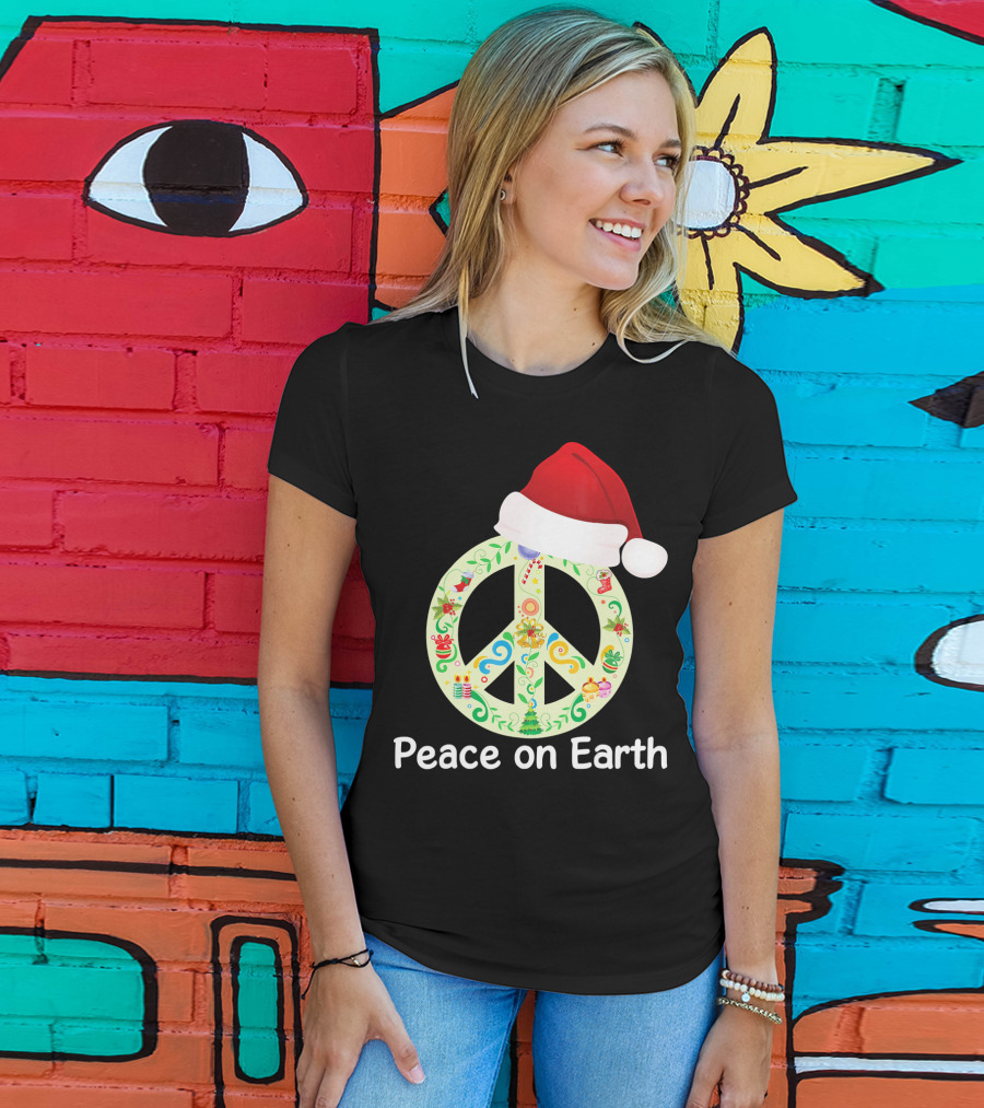 Peace On Earth Santa Hat Christmas Peace Sign T-Shirt