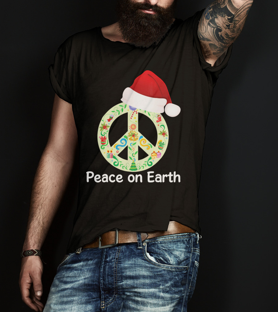 Peace On Earth Santa Hat Christmas Peace Sign T-Shirt