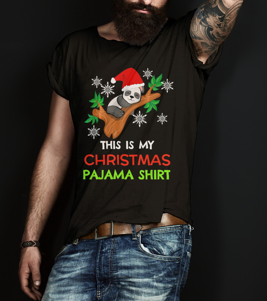 This Is My Christmas Pajama Shirt Panda Santa Hat Snowflakes T-Shirt