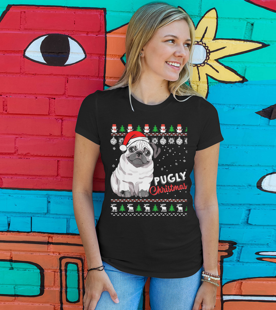 Pugly Christmas Santa Hat Snowflakes Ugly T-Shirt