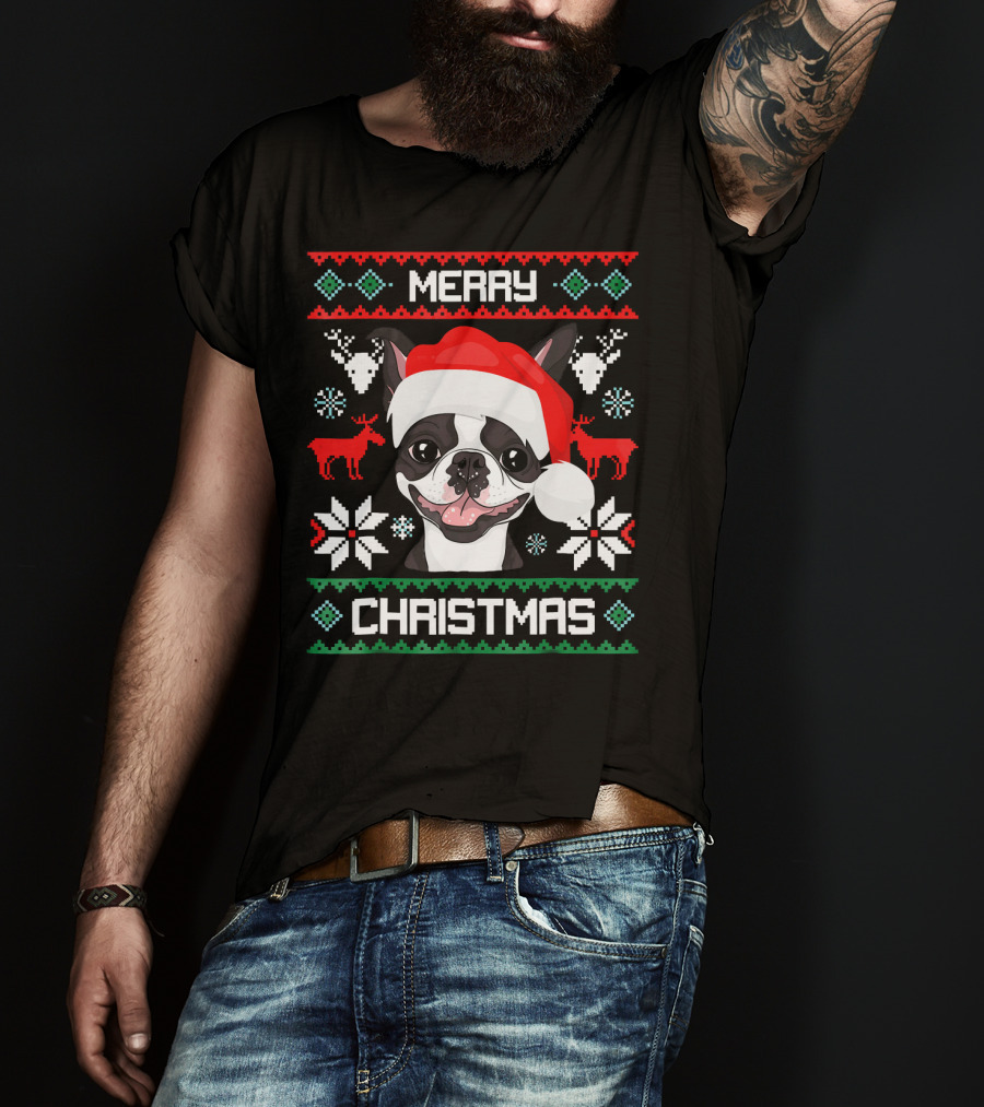 Merry Christmas Boston Terrier Santa Hat Ugly Sweater Holiday T-Shirt