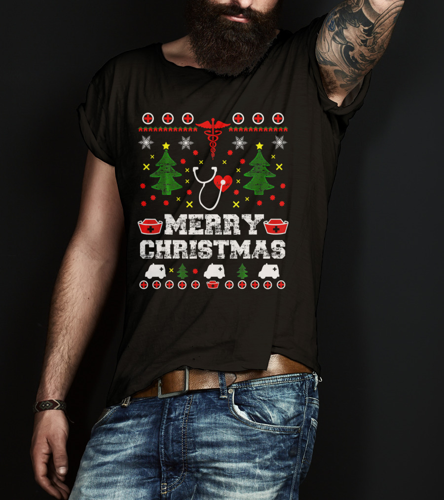 MERRY CHRISTMAS Nurse Ugly Stethoscope And Medical Symbols T-Shirt