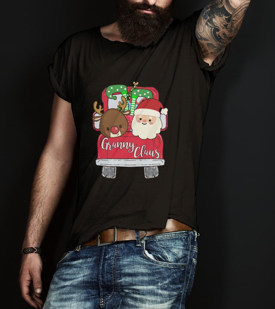 Granny Claus Santa And Reindeer In Christmas Car With Gifts T-Shirt