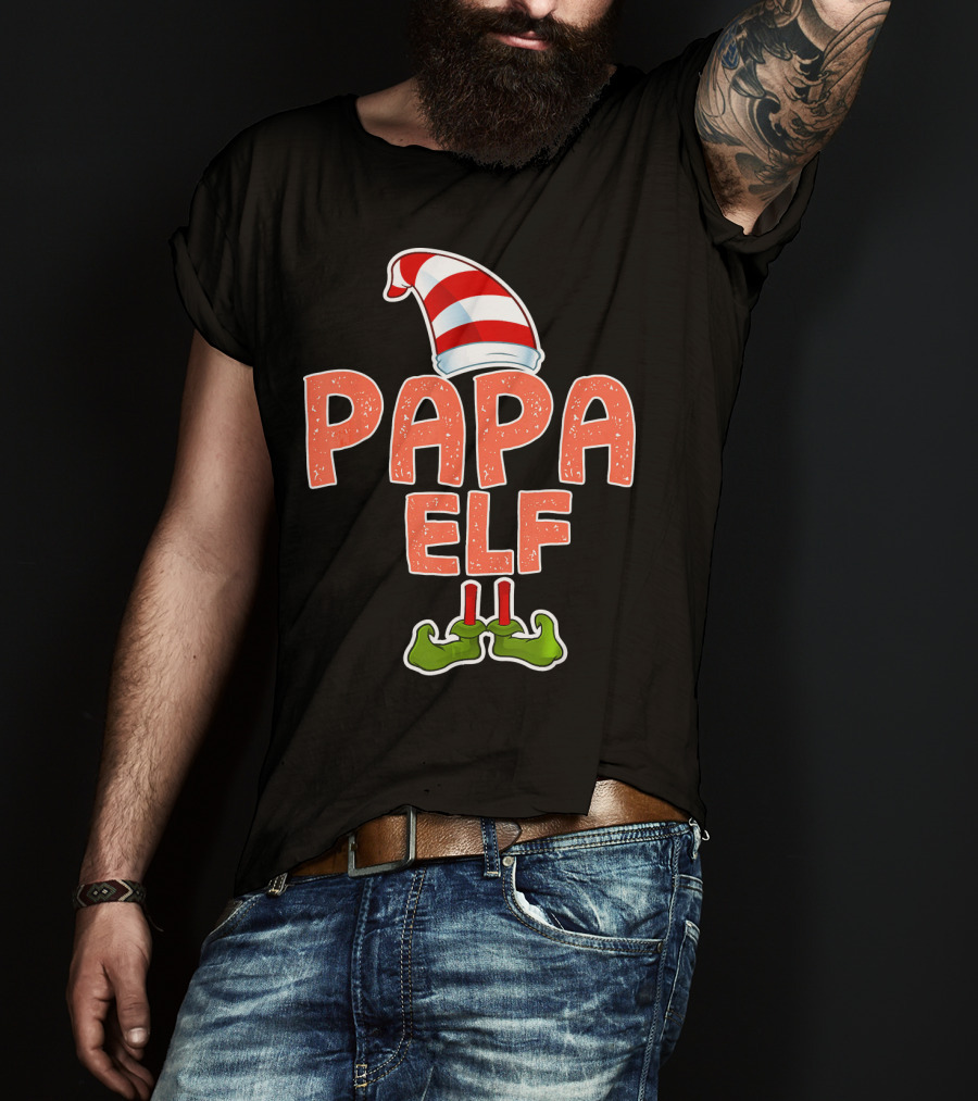 Papa Elf Funny Merry Christmas Striped Hat And Green Shoes T-Shirt