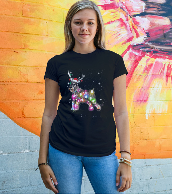 Festive Christmas Lights Standard Schnauzer With Santa Hat And Reindeer Antlers T-Shirt