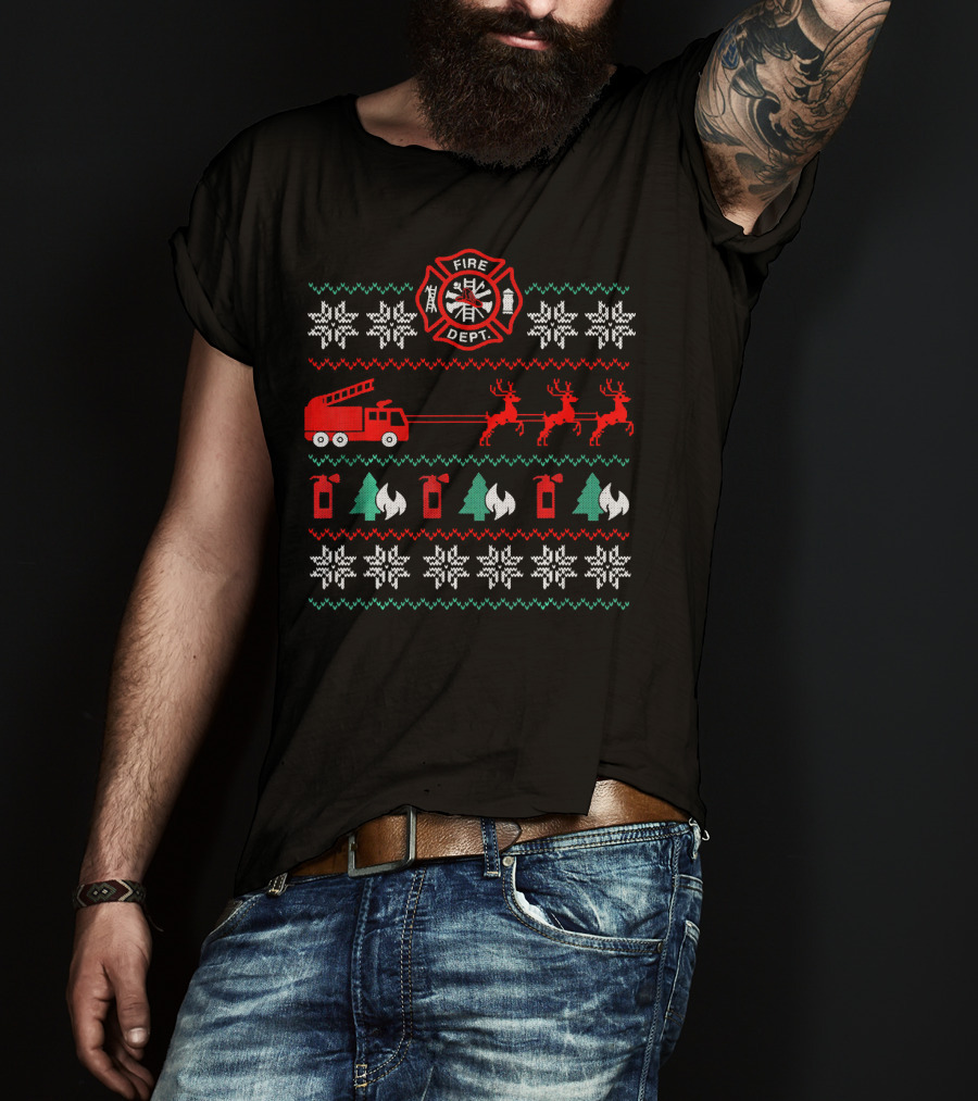 Fire Department Holiday Sweater Firetruck And Reindeer T-Shirt