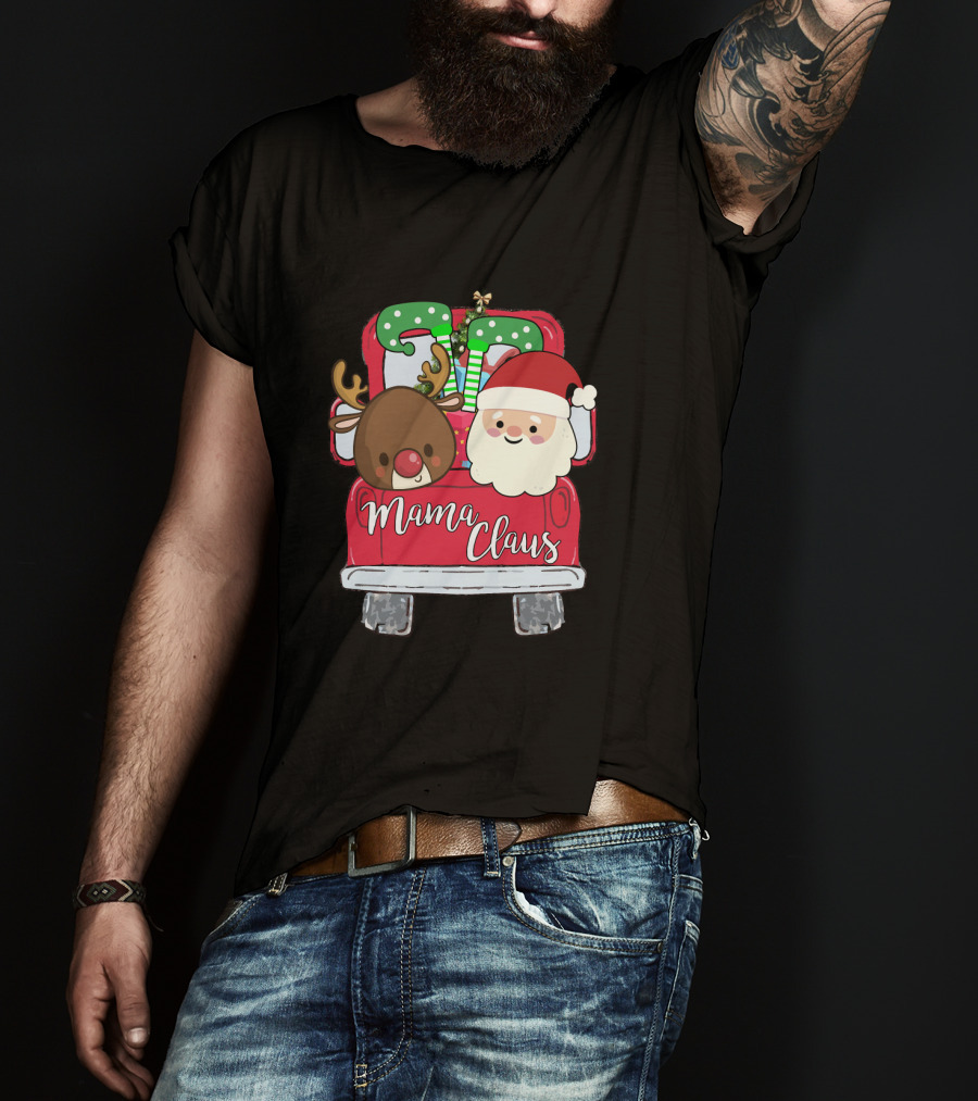 Mama Claus Funny Christmas Car With Santa And Reindeer T-Shirt