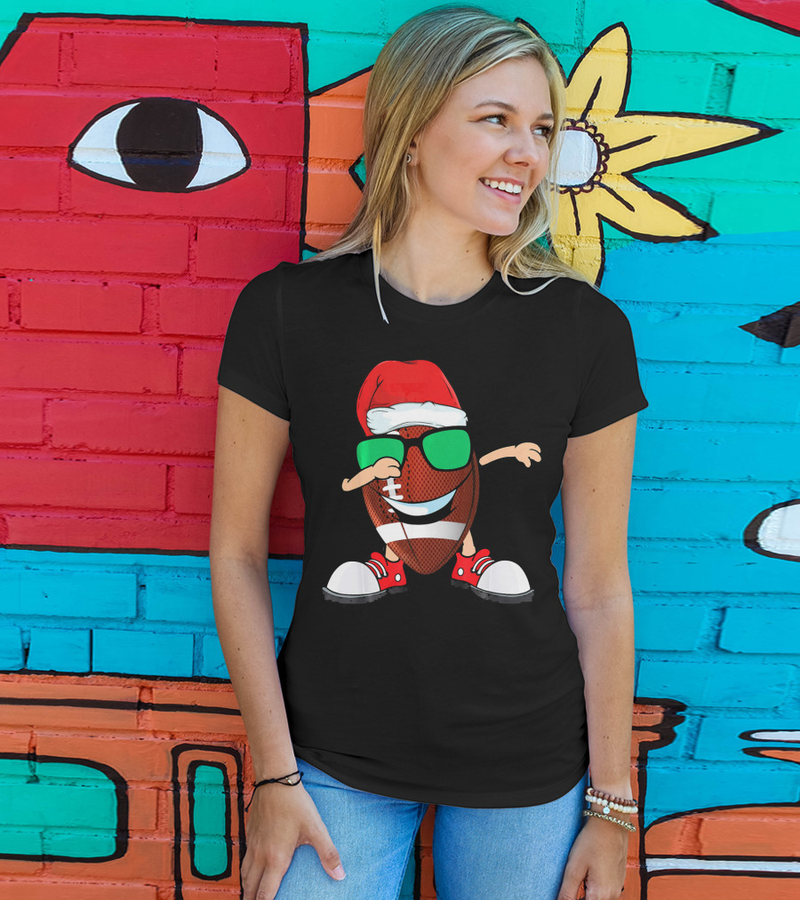 Dabbing Football Wearing Santa Hat With Green Sunglasses And Red Sneakers T-Shirt
