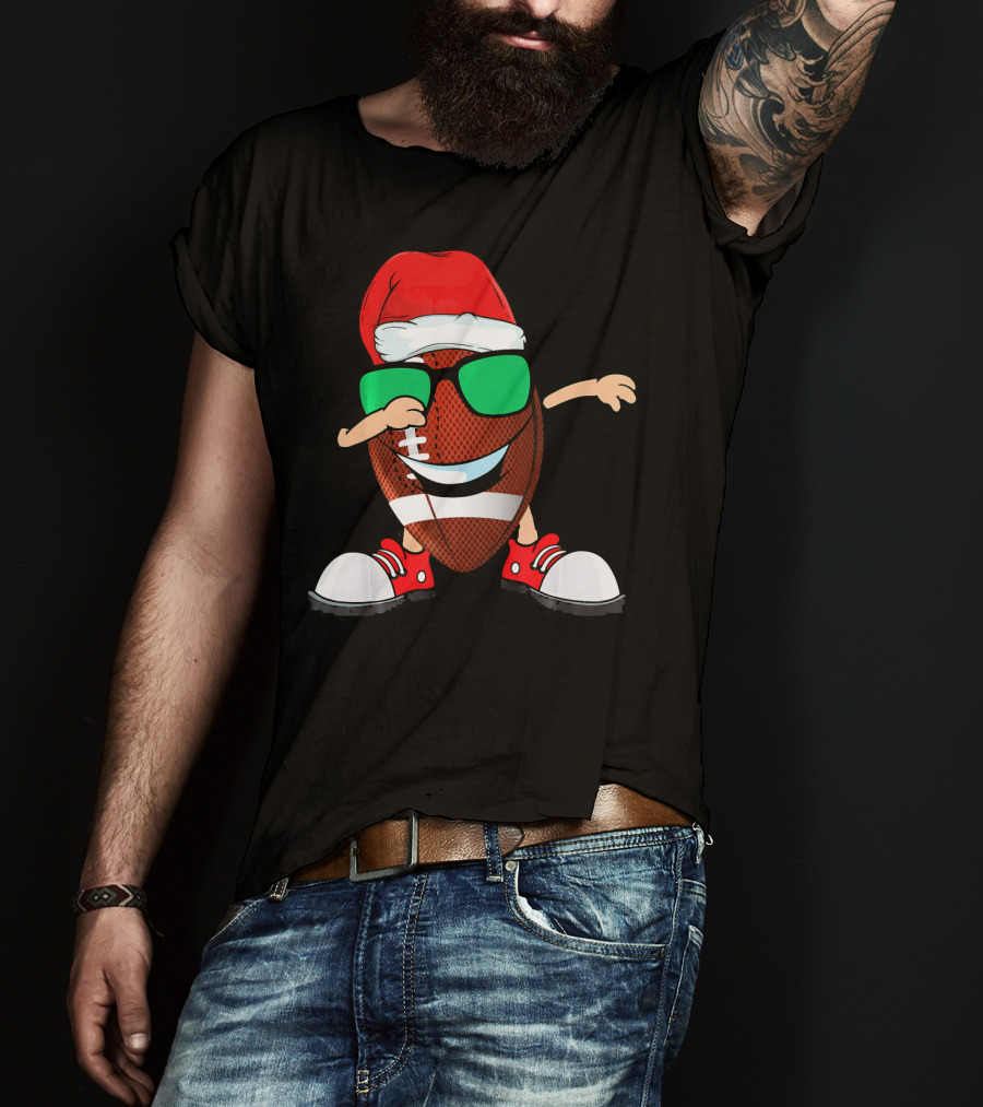 Dabbing Football Wearing Santa Hat With Green Sunglasses And Red Sneakers T-Shirt