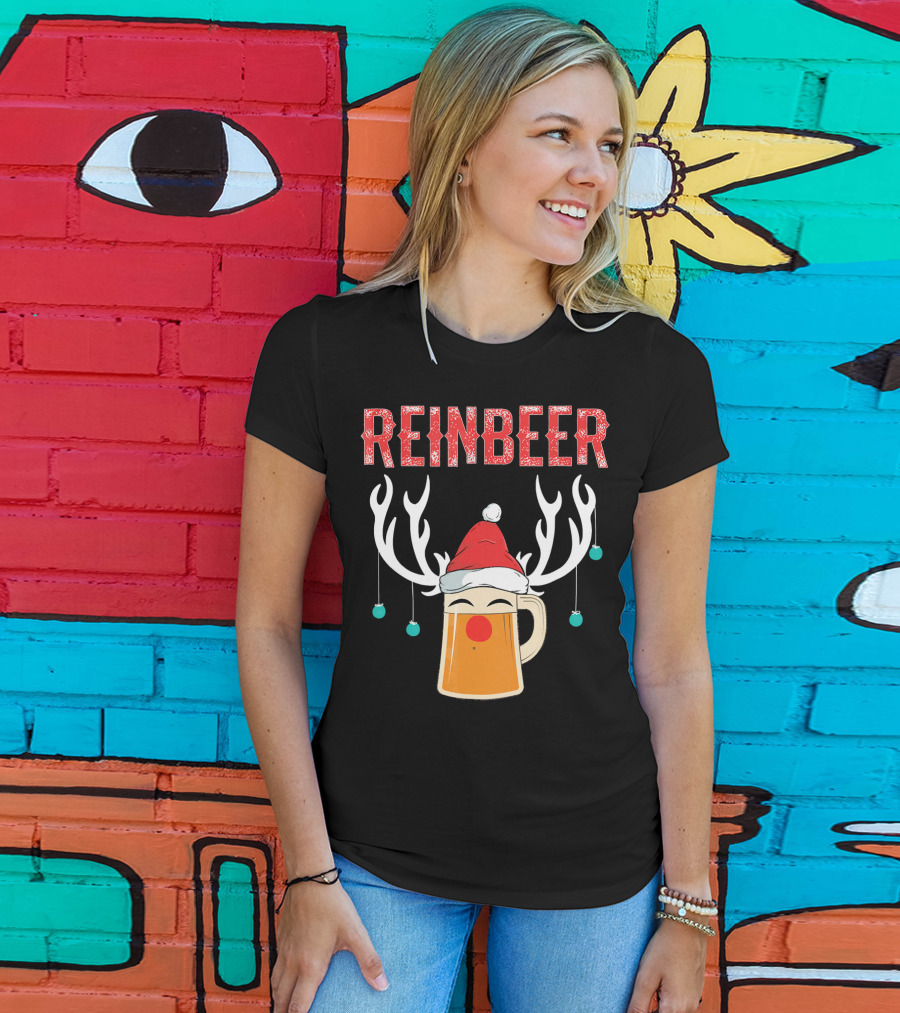 Reinbeer Christmas Antler Humor With Santa Hat Beer Mug T-Shirt
