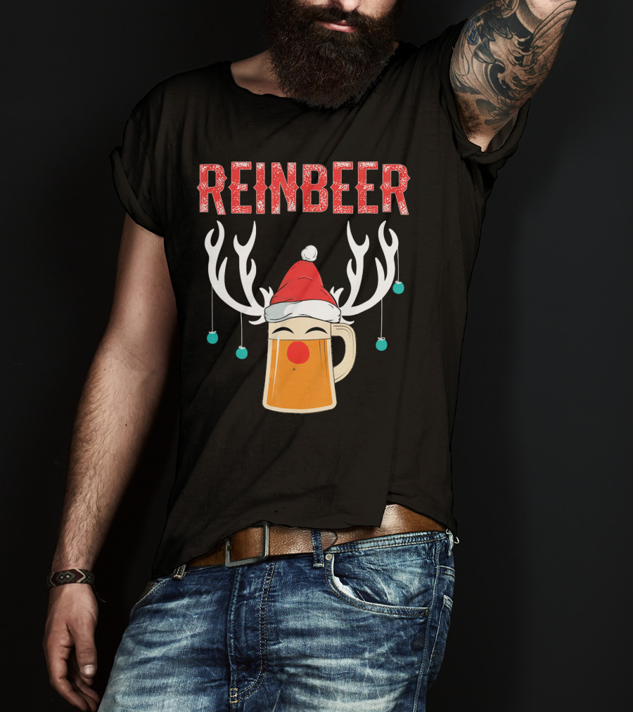 Reinbeer Christmas Antler Humor With Santa Hat Beer Mug T-Shirt